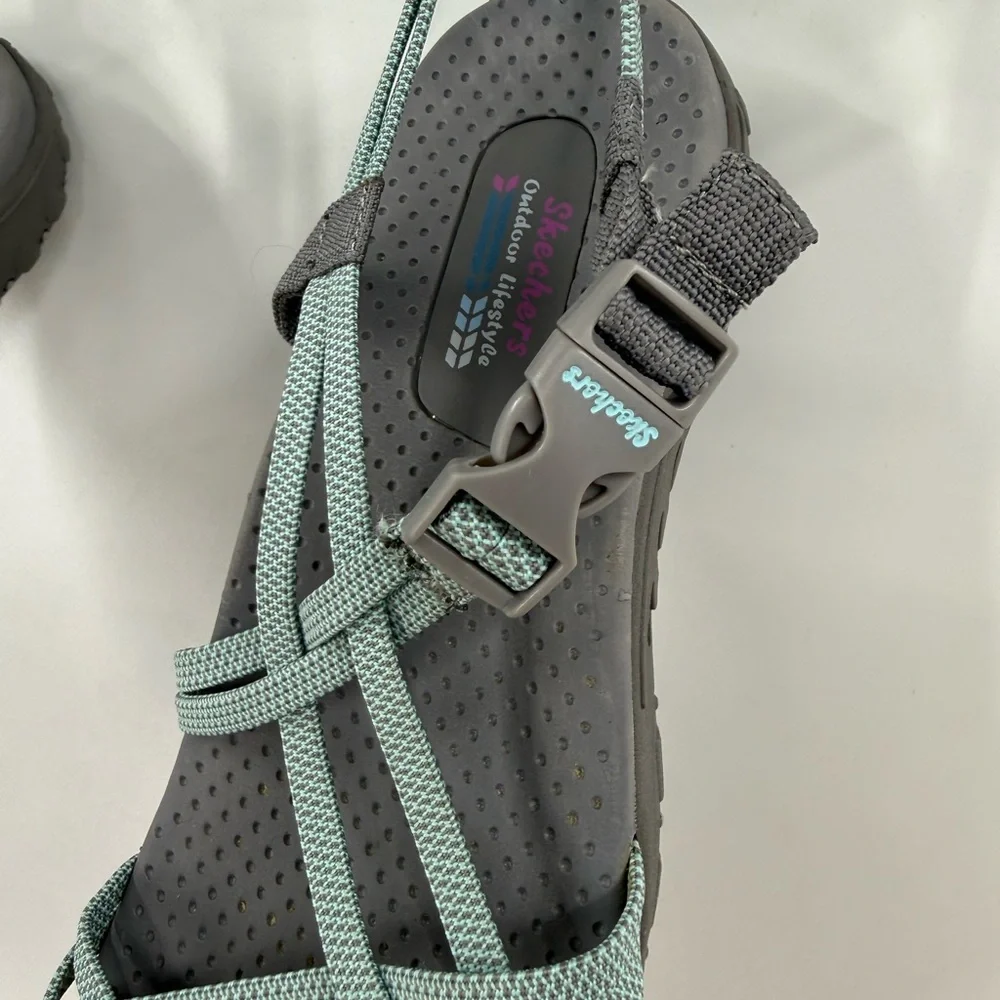 Skechers Women's Reggae - Irie athletic sandals in the Gray/Aqua colorway 10